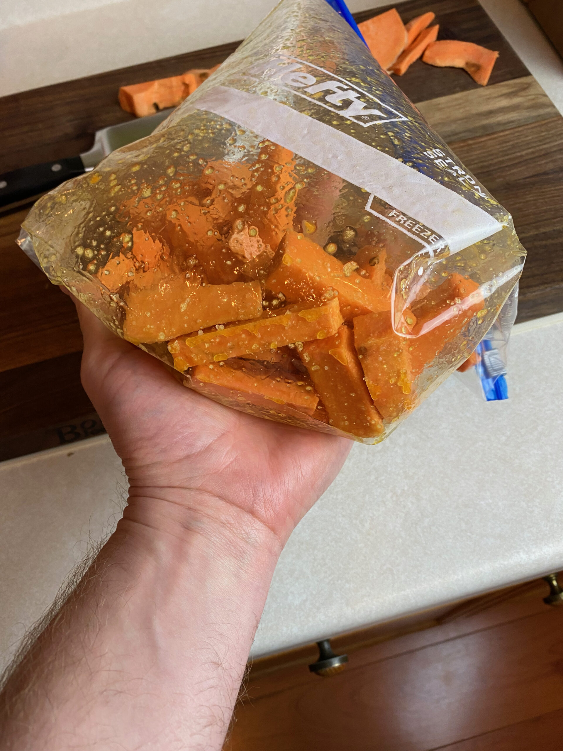 sweet potato fries in a freezer bag