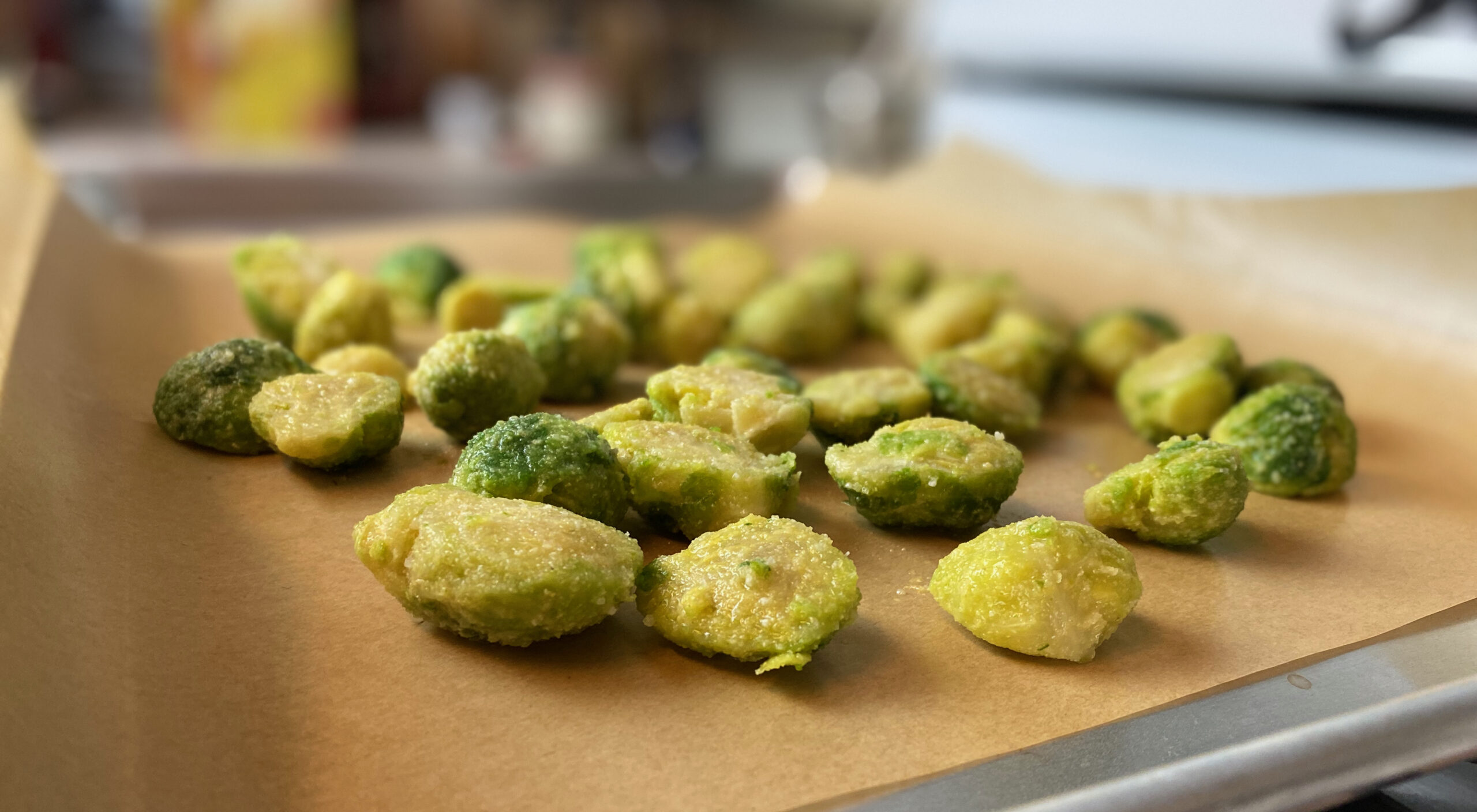 raw frozen brussels sprouts waiting to be roasted