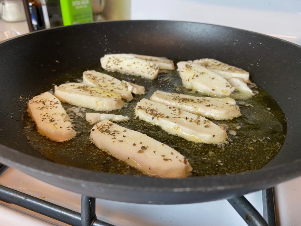 Halloumi is just starting to cook.