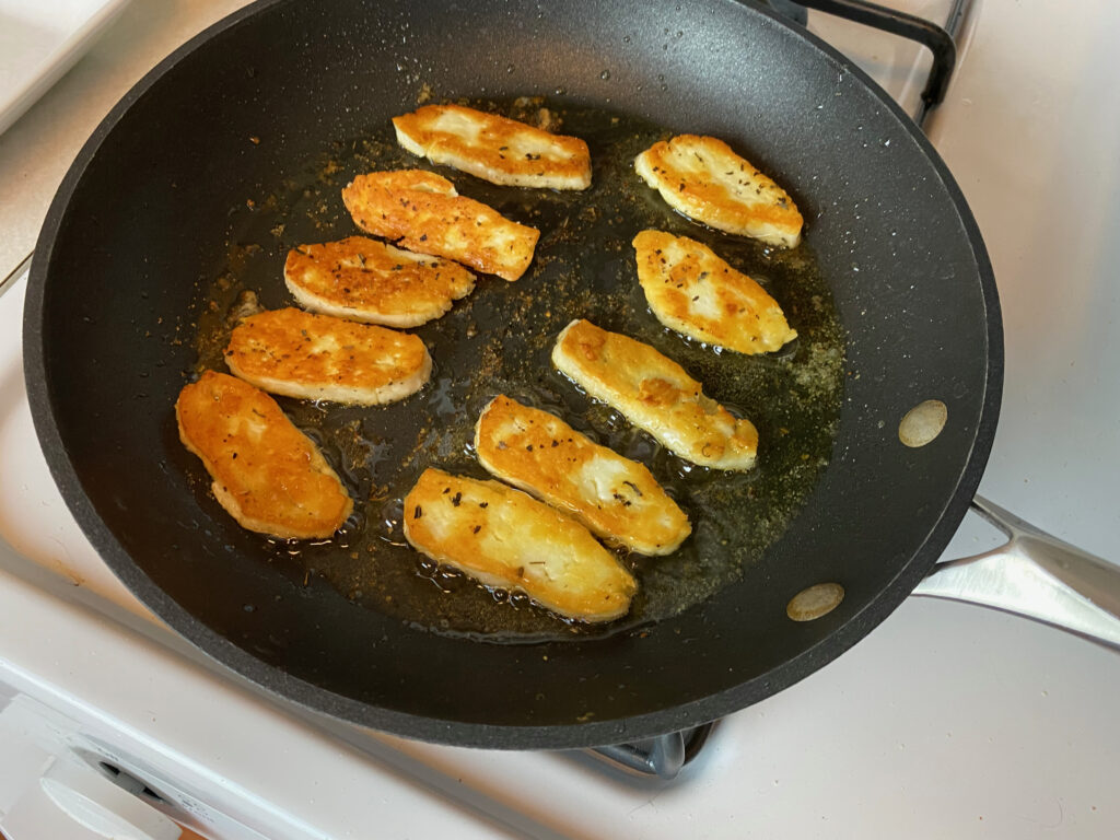 Halloumi is a golden brown.