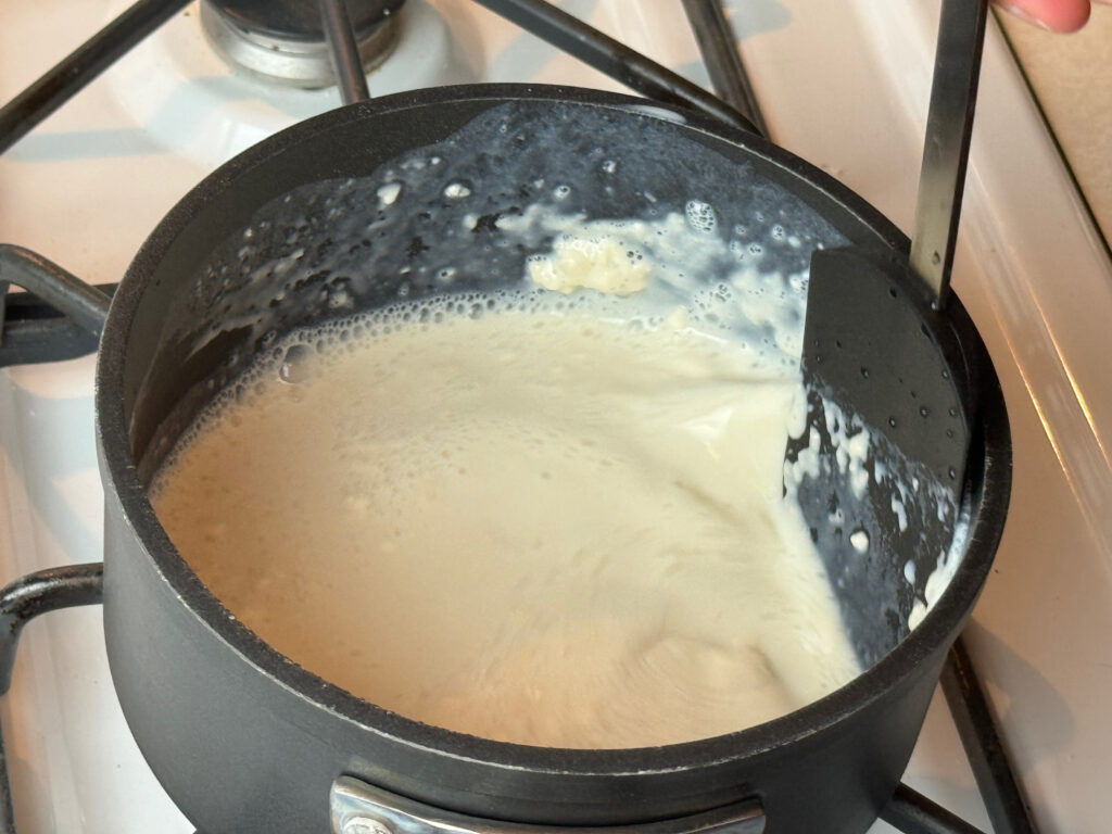 Frosting first poured into saucepan.