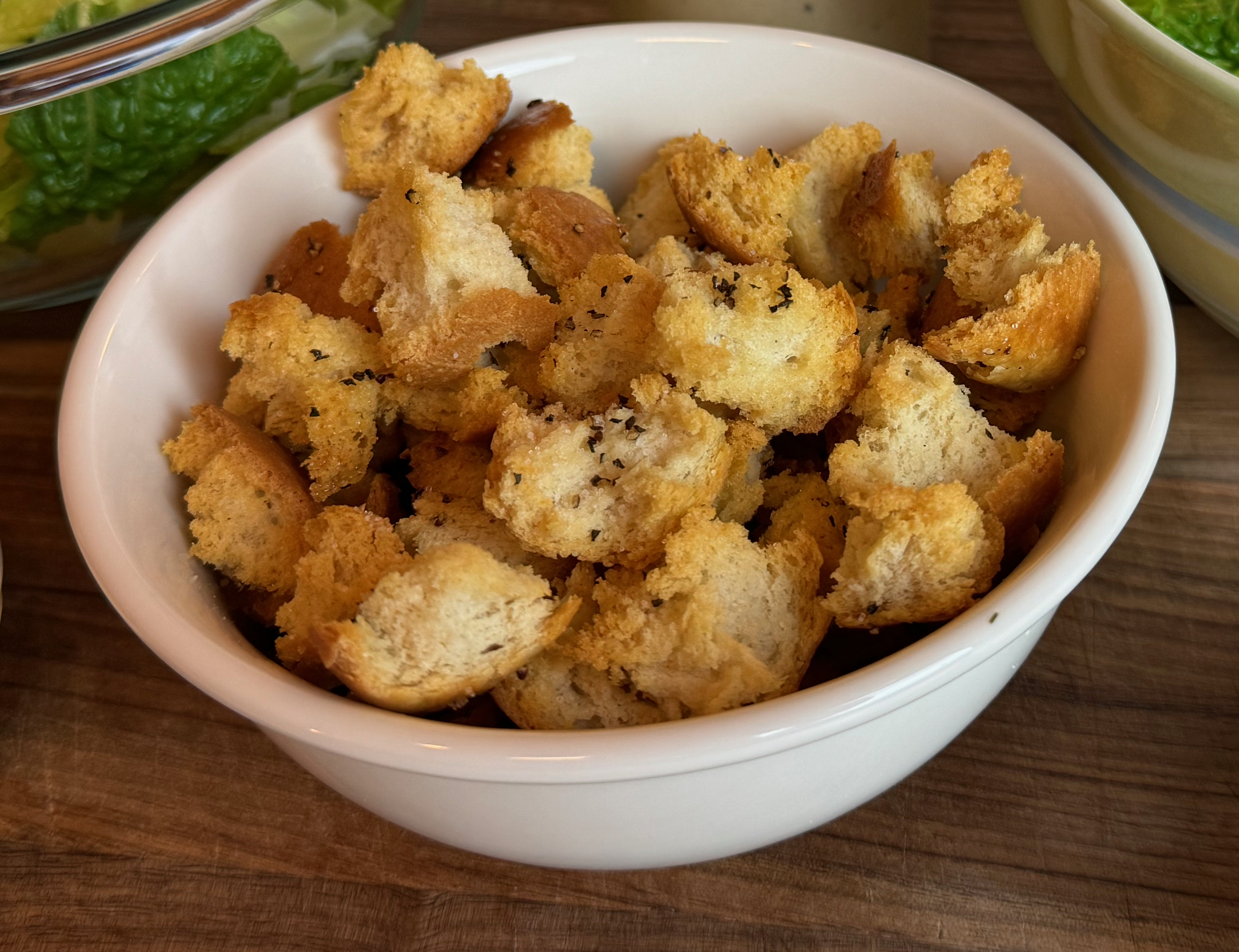 a bowl of homemade croutons